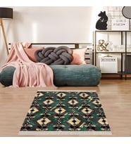 Kilim Desenli Etnik Dijital Baskı Yıkanabilir Kaymaz Taban Eskitme Salon Halı ve Yolluk (Yeşil)
