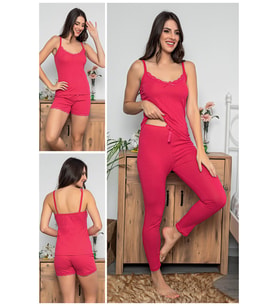 MyBen Kadın Fuşya Renkli Dantel Detaylı Şortlu ve Taytlı Pijama Takımı 3'lü Set 75008