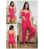 MyBen Kadın Fuşya Renkli Dantel Detaylı Şortlu ve Taytlı Pijama Takımı 3'lü Set 75008