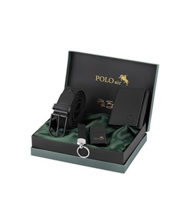Polo Air Esnek Kemer Mıknatıslı Cüzdan Çakmak Anahtarlıklı Erkek Kombin Set Siyah Renk CHM-05-S