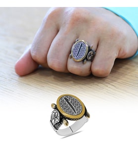 Oval Otantik Tasarım "Elif" Motifli 925 Ayar Gümüş Erkek Yüzük (Siyah-Gri)