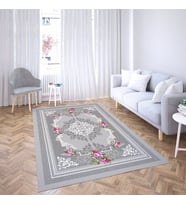 Gül Çiçek Desenli Çerçeveli Dijital Baskı Yıkanabilir Kaymaz Taban Vintage Salon Halısı ve Yolluk (Gri)