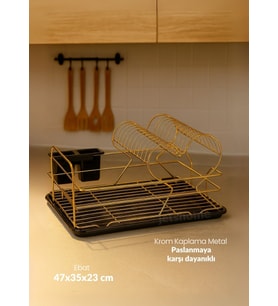 2 Katlı Bulaşıklık Tezgah Üstü Tabaklık BPA FREE Bulaşık Sepeti Kalpli Gold