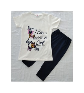 Aybeyce Nice is the New Cool Baskılı  Kız Çocuk Tshirt-Tayt Takım 9-12 Yaş Ekru (Ekru-Pembe)