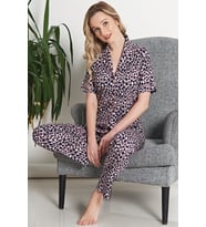 Kadın Viskon Gömlek Yakalı Desenli Düz Paça Pijama Takımı (Renksiz)
