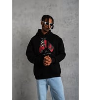 Erkek Eldiven Baskılı Kapüşonlu Sweat - Siyah