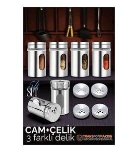 Cam+Çelik Tuzluk Biberlik Karabiberlik 3 Farklı Delikli 5 Li Set 721945