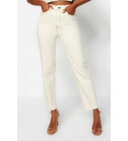 Stil Kadın Moda Denim Kot Pantolon Uzun Boru Paça Yüksek Bel Slim Mom Jeans (Ekru)