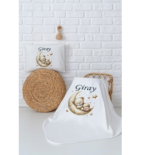 Pia Baby Premium %100 Pamuk Çift Kat Penye Battaniye ve Yastık Kılıfı Yenidoğan Erkek Bebek Hediyesi 5052-10 (Ekru)