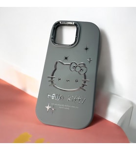 iPhone 15 Pro Max Hello Kitty Kabartmalı Kaliteli Silikon Telefon Kılıfı (Gri)