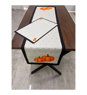 Turuncu Balkabağı Desenli Runner Ve Amerikan Servis 40 X 140