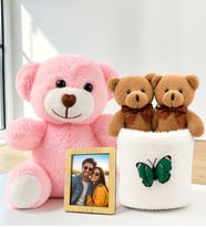 Kişiye Özel Fotoğraflı Pembe Peluş Ayıcık ve Peluş Saksıda Ayıcık Buketi Arkadaşa Kadına Sevgiliye Hediye Seti
