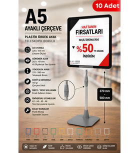 10 Adet - A5 Ayaklı Çerçeve Seti Plastik Ördek Ayak Teleskopik Borulu Fiyat Etiketliği Yönlendirme Levhası Menü Panosu Siyah