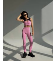 Dalgıç Kumaş Spor Tayt-Crop Tül Detaylı İkili Takım (Pembe)
