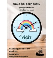 İsme Özel Gökkuşağı ve Bulutlar Çocuk Odası Duvar Saati Orta Boy 30 cm Siyah Camlı Sessiz