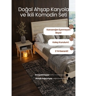 Hüma Model Yatay Başlıklı Masif Ahşap Karyola ve 2 Adet Komodin Kolay Kurulum Fırınlanmış İthal Sibirya Çamı 100x200 Yatak Uyumlu 2 Adet Komodin
