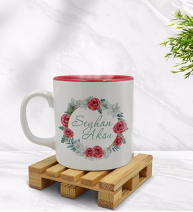BK Gift Kişiye Özel Çiçek Tasarımlı İçi Kırmızı Renkli Kupa Bardak Model 8