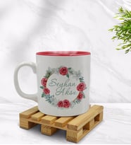 BK Gift Kişiye Özel Çiçek Tasarımlı İçi Kırmızı Renkli Kupa Bardak Model 8