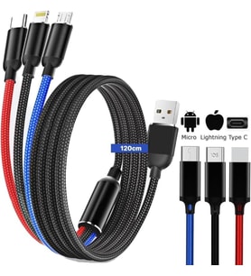 Hızlı Şarj ve Data Aktarım Kablosu, 60W - 3A USB A, Type C (Usb c), Micro USB, Lightning Uyumlu 3 ü 1 Arada Çoklu Kablo