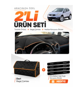 NİSSAN QASHQAI J10 (2007-2014) Uyumlu Torpido Örtüsü + Deri Bagaj Çantası + Sticker Seti - Siyah Kahverengi