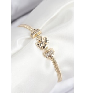 Pirinç Zirkon Taşlı Yonca Model Gold Renk Kadın Bileklik - TJ-BB7897