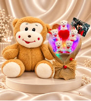 Kişiye Özel Fotoğraflı Renkli LED Işıklı Ayıcık Buketi ve Peluş Maymun