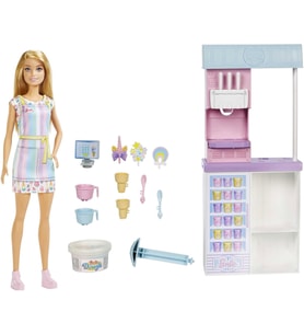 Barbie Dondurma Dükkanı Oyun Seti, 30 Cm Sarışın Bebek, 2 Kutu Oyun Hamuru, 2 Kase, 2 Külah, 3 Dekor (Çok Renkli)