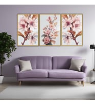 3'lü Metal Çerçeveli Cam Tablo Seti Pastel Pembe Dalında Çiçek (Gold)