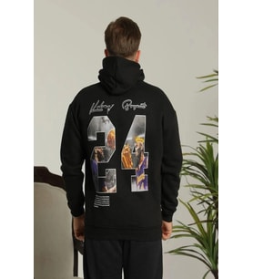 Erkek 3 İplik Pamuklu Kapüşonlu Baskılı Cepli Oversize Sweatshirt Hoodie - Siyah