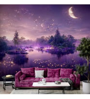 Mor Romantik Gece Göl Kenarı Temalı Duvar Kağıdı Baskı