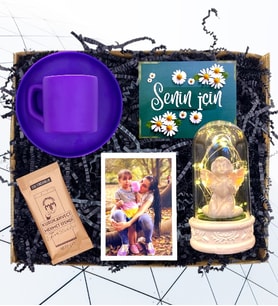 Kişiye Özel Set & Mor Renkli Kahve Fincanı & Işıklı Beyaz Melekli Fanus