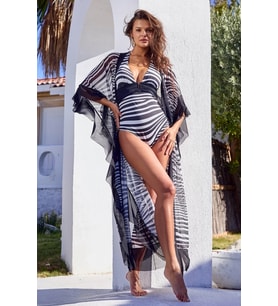 LYYN Argento 2153-3034 Kadın Kuşaklı Uzun Kaftan (Siyah)
