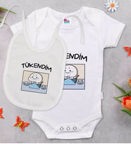 BK Kids Tükendim Tasarımlı Beyaz Bebek Body Zıbın ve Mama Önlüğü Hediye Seti-1