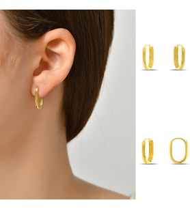 DKMN Gümüş Dikdörtgen Biçimli Oval Küpe Kadın Gümüş Küpe (Gold)