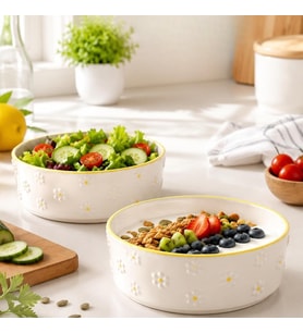 2'li Seramik Kase Seti 400 ml, 15 cm Salata Kasesi, Kahvaltılık Yoğurt Çorba ve Meze Kasesi, Porsiyon Kontrollü Diyet Kase, Sunum İçin Şık Bowl Seti, BEYAZ*PAPATYA