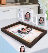 BK Gift Kişiye Özel O Bir Çiçek Karikatürlü Doğal Ahşap Tepsi ve 2’li Kupa Bardak Seti-2