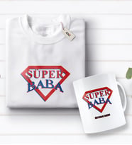 BK Gift Kişiye Özel Süper Baba Tasarımlı Beyaz Tişört ve Kupa Seti-3 (Model 1)