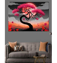 Pembe Çiçekli Estetik Japon Ağacı Dekoratif Kanvas - Mdf Ahşap Tablo