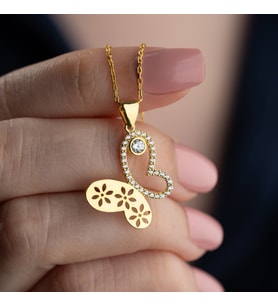 Vaoov 925 Ayar Gümüş Çiçek Desenli Taşlı Kelebek Kolye (Gold)