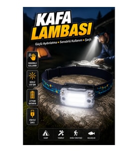 Sensörlü Şarjlı Kafa Lambası Beyaz LED El Feneri Lityum Bataryalı