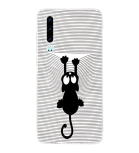 Huawei P30  Kamera korumalı Kapak Çizgi Kedi (Beyaz) Tasarımlı Şeffaf Kılıf