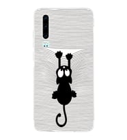 Huawei P30  Kamera korumalı Kapak Çizgi Kedi (Beyaz) Tasarımlı Şeffaf Kılıf