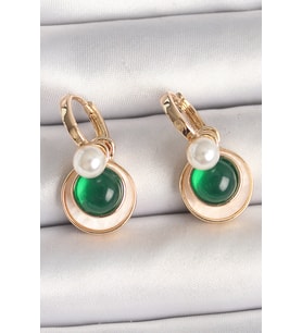 Pirinç Gold Renk Beyaz Yeşil Sallantı Mineli Kadın Küpe - TJ-BKP10363