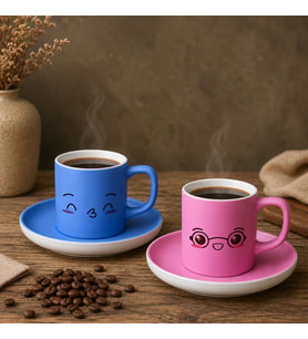 BK Gift 2'li Mavi ve Pembe Renkli Emoji Yüz Tasarımlı Seramik Türk Kahvesi Fincanı Takımı-7