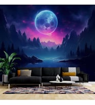 Gece Ay Orman Göl Manzaralı Duvar Kağıdı