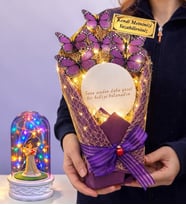 Kişiye Özel Aynalı Tasarım Led Işıklı Mor Kelebek Buketi (Renkli Işıklı Fanus Hediyeli) (Model 2)