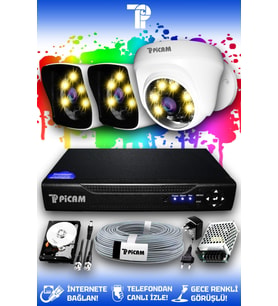 PICAM 3 Kameralı Kare 1 İç Kamera Set 1 TB HDD Full HD Renkli Gece Görüşlü Güvenlik Kamerası Sistemi