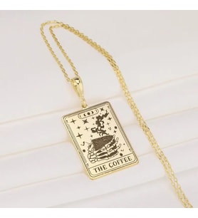 Kişiye Özel 925 Ayar Gümüş The Coffee Tarot Kart Kolye (Gold)