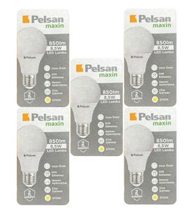 (5 Adet) Pelsan 8,5W 2700K (Sarı Işık) E27 Duylu (Kalın Duy) Led Ampul