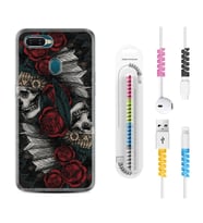 Oppo A5S A15 A16 A54 A55 A73 A74 Kılıf Kablo Koruma Spiral Silikon Skull Rose 1673